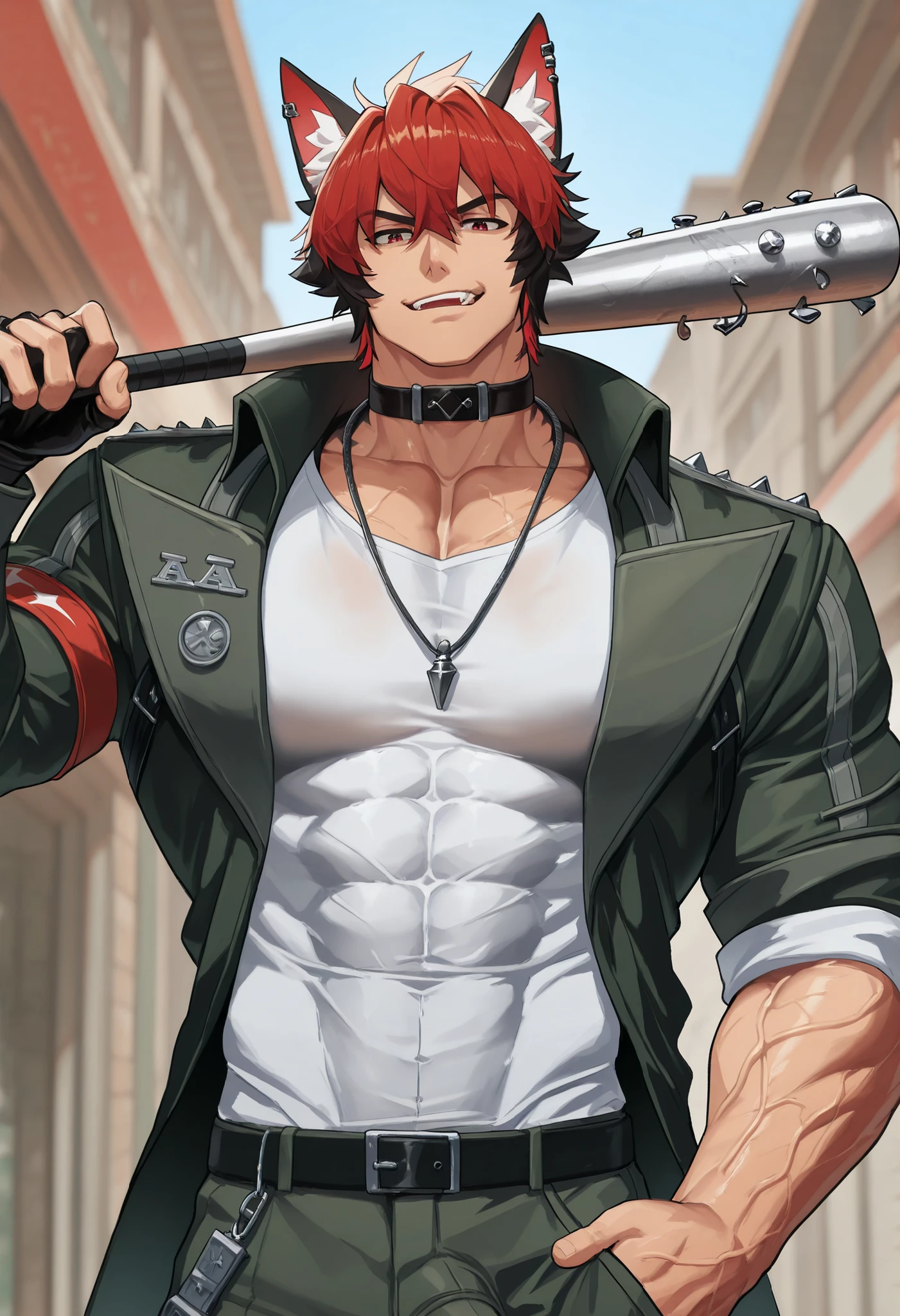 A men Komano Manato ZZZ, wolf ears, bottom view, in a dangerous part of town ,holding a baseball bat, seductive expression , wearing a white shirt and a jacket over it, dick-shaped bulge, necklace around the neck, visible muscles veins , natural light , short haircut, black and red hair , red Eyes, Light skin. Trending on bbwchan, inspired by Abdullah Gërguri, perfect muscle structure, muscular men, very attractive men, alone, muscular musculature, , beautiful musculature, aesthetic stretch marks, inspiring physique, lean musculature, square pecs, beautiful v-shape, great abs and torso, (male face) chiseled abs, chiseled pecs, with his black and red military haircut and voluminous neck, narrow waist, human, attractive face, masculine face. Looking at the viewer, a men who presence inspires confidence and respect.