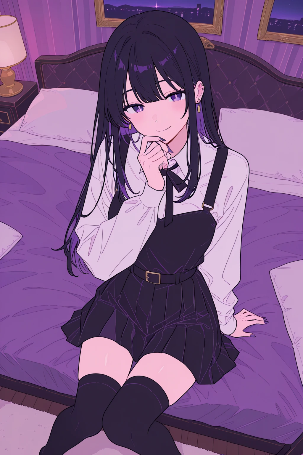 masterpiece, best quality, absurd res, 8k, flat colors, low-angle view:2.0, female, kneeling on bed, black hair, long hair, blunt bangs, purple eyes, seductive, bedroom eyes, white shirt, bow tie, pleated skirt, skirt lift, knee highs, black knee highs, mary janes, bedroom, dim lighting,