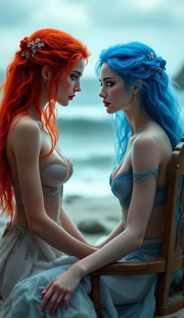Sexy kissing of two chador blue long haired women, one in a chador red haired and one naked