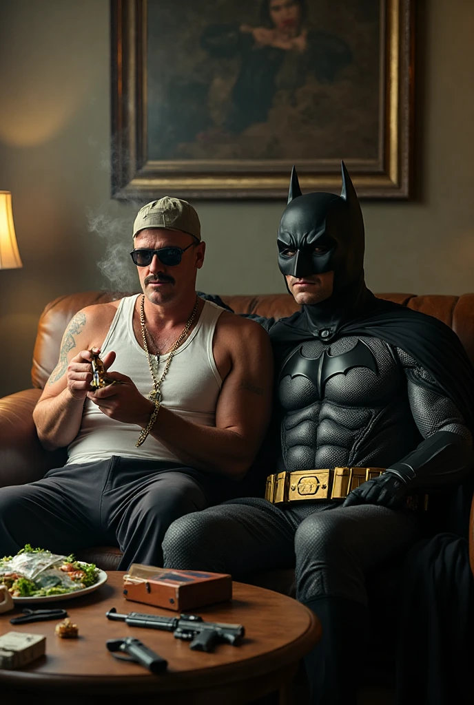 Batman smoking a blunt sitting on the batmobile