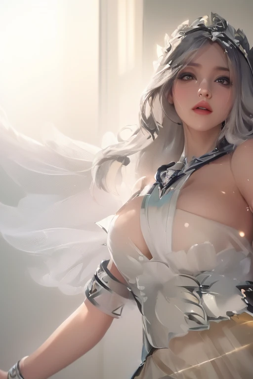 Image ((full body)),realistic 3D anime style,((of a beautiful woman with snow white skin)), wearing a long white hooded cloak (((covering her head up to her forehead ))),((( two long strands of iridescent white hair on each side of her head))),(((detailed face, cymetric))),(((s-shaped eyebrows))),((Beautyfull eyes glowing )),(((One eye blue))) and the (((other eye green))), (((well detailed eyes))),((full lips)),(beautyfull lips), (((body with nice curves))),((( very large breasts))), (((narrow waist))),(((thick thighs) )),((dressed in a long-sleeved blouse, qipao collar)), (((earrings, necklace and bracelets all made of sparkling crystal))),((white gloves with cuff)),((short skirt with sash , decorated with fine intricate details)), ((white ankle boots with lapels and laces, knee length)),(( long stockings up to the middle of the thighs)),(((standing in the middle of a long field, full sorrounded by blue glowing flowers))), (((in a beatyfull night ,whith Stars falling from the sky ))),((masterpiece)),((high quality)), (( extremely detailed image)), 8k resolution