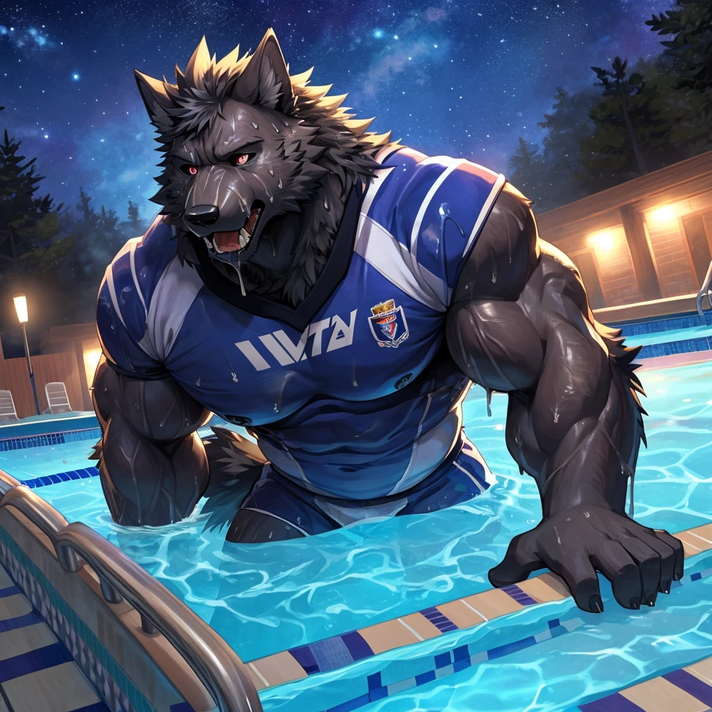 furry, solo, overlooking view, sideways, juvenile, Wolf, healthy build, front, muscle, thin, tail, black fuzz, red eyes, open mouth, sitting poolside, laughing, red swimming trunks, lower body in water, pool, float, indoor, swimming pool, swimming pool, water,