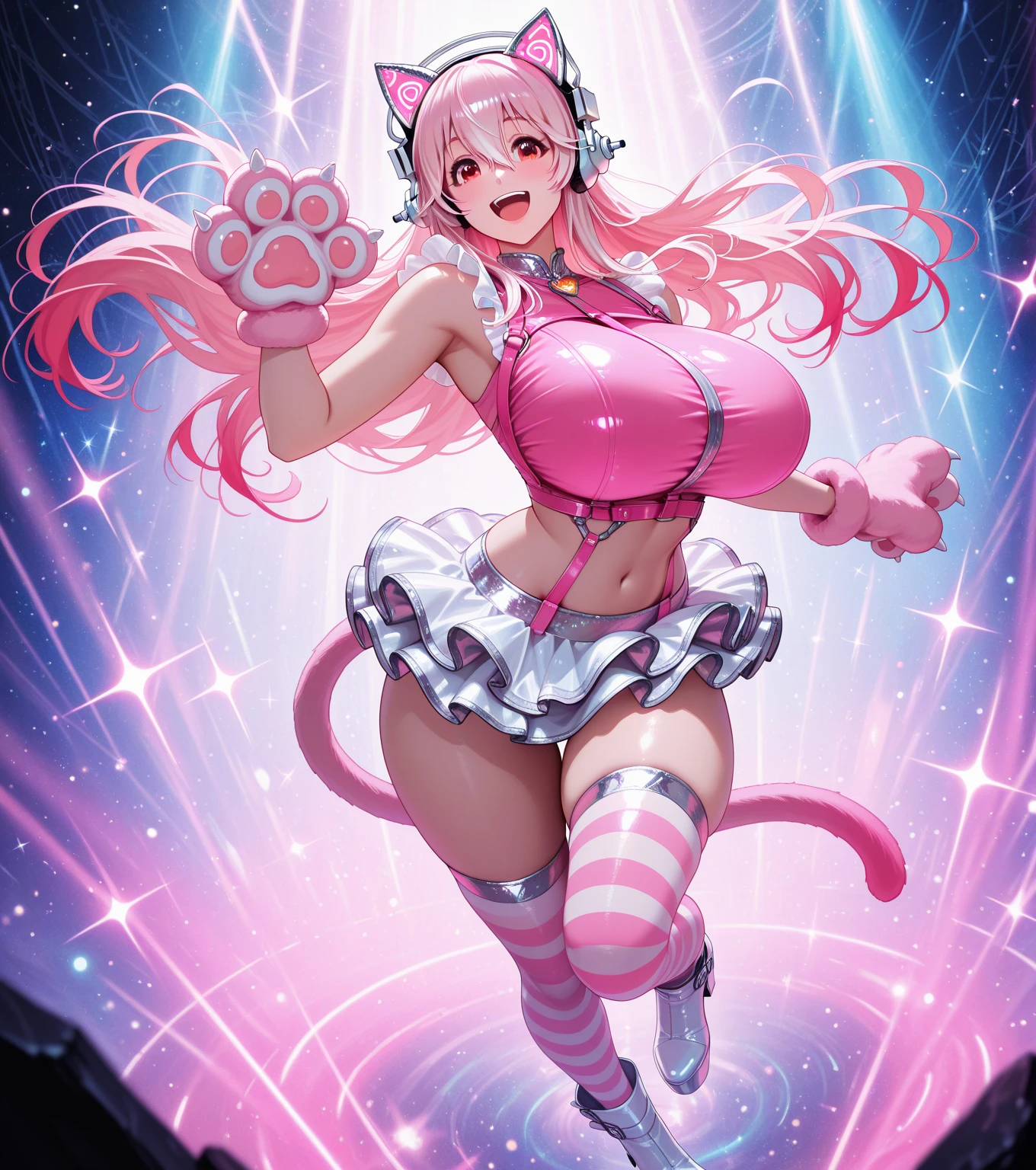 Happy young girl, with wolf ears and pink hair, holding her cheeks, wolf tail, wearing a latex dress, looking at veiwer, full body, you can see her chest, naked breasts