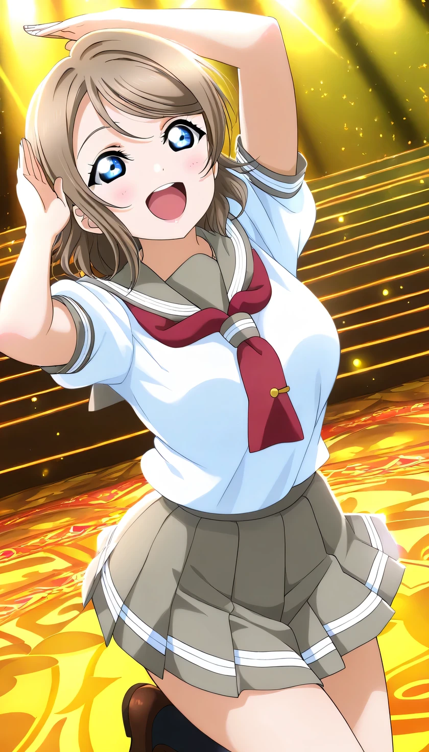 {{{masterpiece}}}, (best quality:1.5), (ultra-detailed:1.5), {illustration}, {{an extremely delicate and beautiful}}, (beautiful detailed eyes:1.2), absurdres, highres, extremely detailed face, 16k, hd, visual anime de uma jovem mulher, extremamente bonito rosto de anime, anime melhor garota, (perfect hands, perfect anatomy), anime face, watanabe you(love live! school idol project), you watanabe(love live! sunshine!!), 1girl, solo, cute face, light brown hair, medium hair, wavy hair, swept bangs, sidelocks, blue eyes, (High resolution eyes, Beautiful eyes, Light in the eyes), slender, medium breasts, big hips, curvaceous, BREAK, {School uniform}, {{{Uranohoshi Girls' High School uniform}}}, {white serafuku}, summer uniform, white shirt, short sleeves, gray collar, (red neckerchief:1.2), mini skirt, pleated skirt, {gray skirt}, black socks, BREAK, 1girl, solo, smile, open mouth, dancing, jumping, sing , singing, joyful, cute pose, dynamic pose, dynamic angle, indoor, stage, on stage, audience