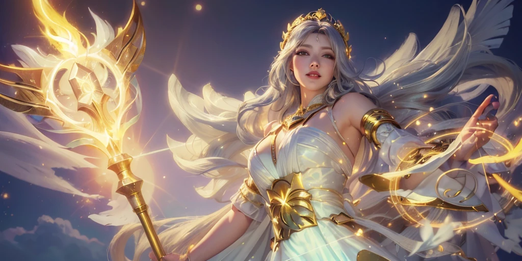 (masterpiece、Highest quality、High resolution、8K、16K)、((Alone in space、Beautiful Goddess、Standing posture、フローティング in the sky like a star))、((whole body))、Golden Cape、White long dress、No sleeve、Adorned with vibrant jewels、Gold Bracelet、Blonde middle、Beautiful brown eyes、A kind smile、Mouth closed、Elegant and detailed face、Graceful operation、Place one hand under your chest、Professional Lighting、The universe is full of light、Countless stars and nebulae、