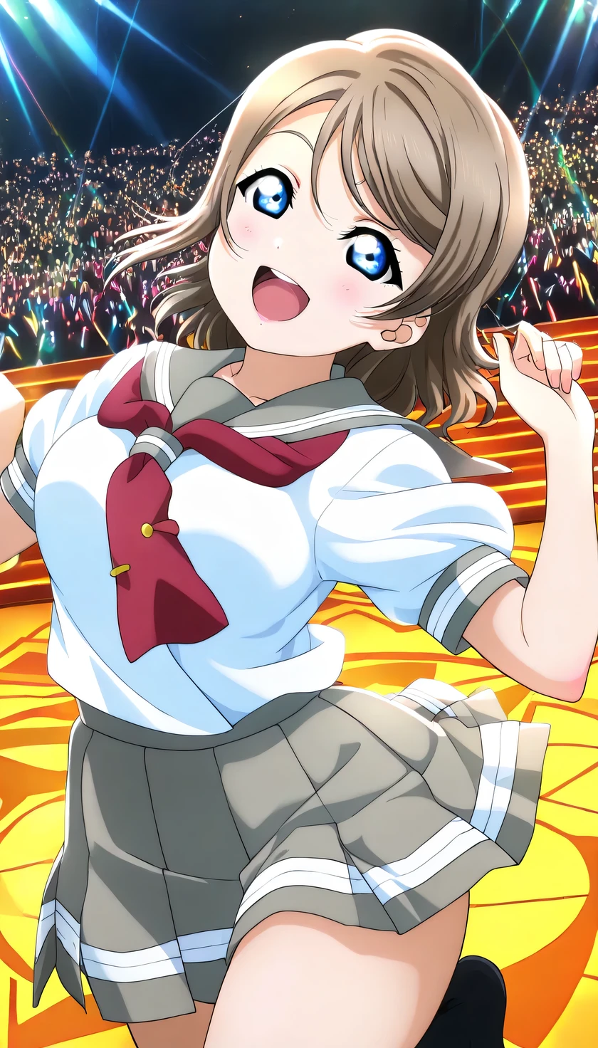 {{{masterpiece}}}, (best quality:1.5), (ultra-detailed:1.5), {illustration}, {{an extremely delicate and beautiful}}, (beautiful detailed eyes:1.2), absurdres, highres, extremely detailed face, 16k, hd, visual anime de uma jovem mulher, extremamente bonito rosto de anime, anime melhor garota, (perfect hands, perfect anatomy), anime face, watanabe you(love live! school idol project), you watanabe(love live! sunshine!!), 1girl, solo, cute face, light brown hair, medium hair, wavy hair, swept bangs, sidelocks, blue eyes, (High resolution eyes, Beautiful eyes, Light in the eyes), slender, medium breasts, big hips, curvaceous, BREAK, {School uniform}, {{{Uranohoshi Girls' High School uniform}}}, {white serafuku}, (summer uniform:1.2), white shirt, t-shirt, short sleeves, gray collar, (red neckerchief:1.2), mini skirt, pleated skirt, {gray skirt}, black socks, BREAK, 1girl, solo, smile, open mouth, dancing, jumping, sing , singing, joyful, cute pose, dynamic pose, dynamic angle, indoor, stage, on stage, audience
