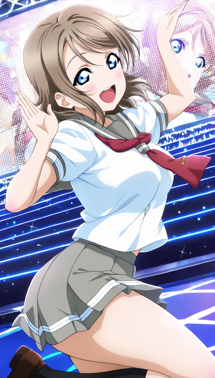{{{masterpiece}}}, (best quality:1.5), (ultra-detailed:1.5), {illustration}, {{an extremely delicate and beautiful}}, (beautiful detailed eyes:1.2), absurdres, highres, extremely detailed face, 16k, hd, visual anime de uma jovem mulher, extremamente bonito rosto de anime, anime melhor garota, (perfect hands, perfect anatomy), anime face, watanabe you(love live! school idol project), you watanabe(love live! sunshine!!), 1girl, solo, cute face, light brown hair, medium hair, wavy hair, swept bangs, sidelocks, blue eyes, (High resolution eyes, Beautiful eyes, Light in the eyes), slender, medium breasts, big hips, curvaceous, BREAK, {School uniform}, {{{Uranohoshi Girls' High School uniform}}}, {white serafuku}, (summer uniform:1.2), white shirt, t-shirt, short sleeves, gray collar, (red neckerchief:1.2), mini skirt, pleated skirt, {gray skirt}, black socks, BREAK, 1girl, solo, smile, open mouth, dancing, jumping, sing , singing, joyful, cute pose, dynamic pose, dynamic angle, indoor, stage, on stage, audience