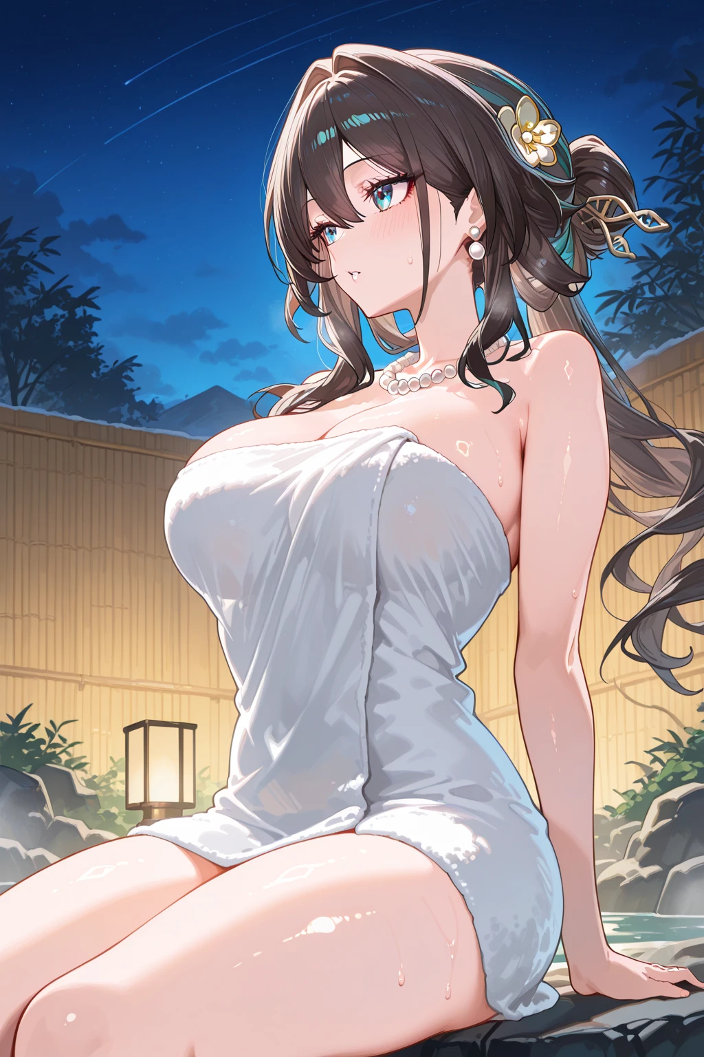 ((masterpiece)), ((best quality)), (ultra-detailed), ((extremely detailed)), 4K, (8K), best quality, (beautiful), a pretty woman, solo, (dark skin:0.8) ,beautiful light brown hair, light brown skin, beautiful green eyes, ((beautiful eyes)), triumphant look, smug look, self-satisfied look ,Masterpiece、White dress、Highest quality、Bunny ears、Tanned woman with big 、light brown hair color, forehead Long curlyWavy Hair、White shirt、Black Bra、Black panties、Hot spring inn、a bright moon shines over beautiful scenery of garden and river in night time, moon, architecture, tree, east asian architecture, full moon, scenery, night, cloud, sky、Lots of rabbits