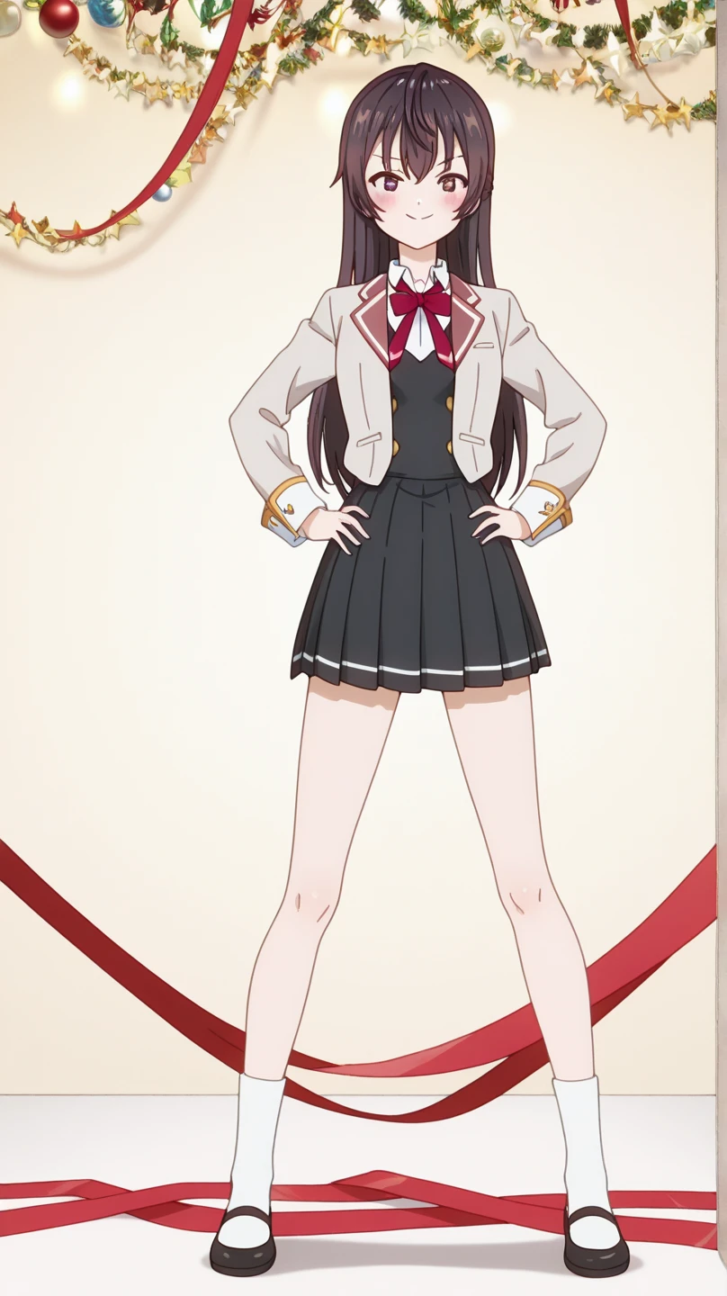 RETRO ARTSTYLE, 1990S (STYLE), ((Masterpiece, highres)), 1girl, solo, teenager, ((brown hair)), long hair, curly hair, matching hairstyles, different hair color, confident, hazel eyes, happy, arms at sides, straight backs, (((red blazer, red pencil skirt, white thighhighs, thighhigh socks, red high heels))), standing at attention, large breasts, full body