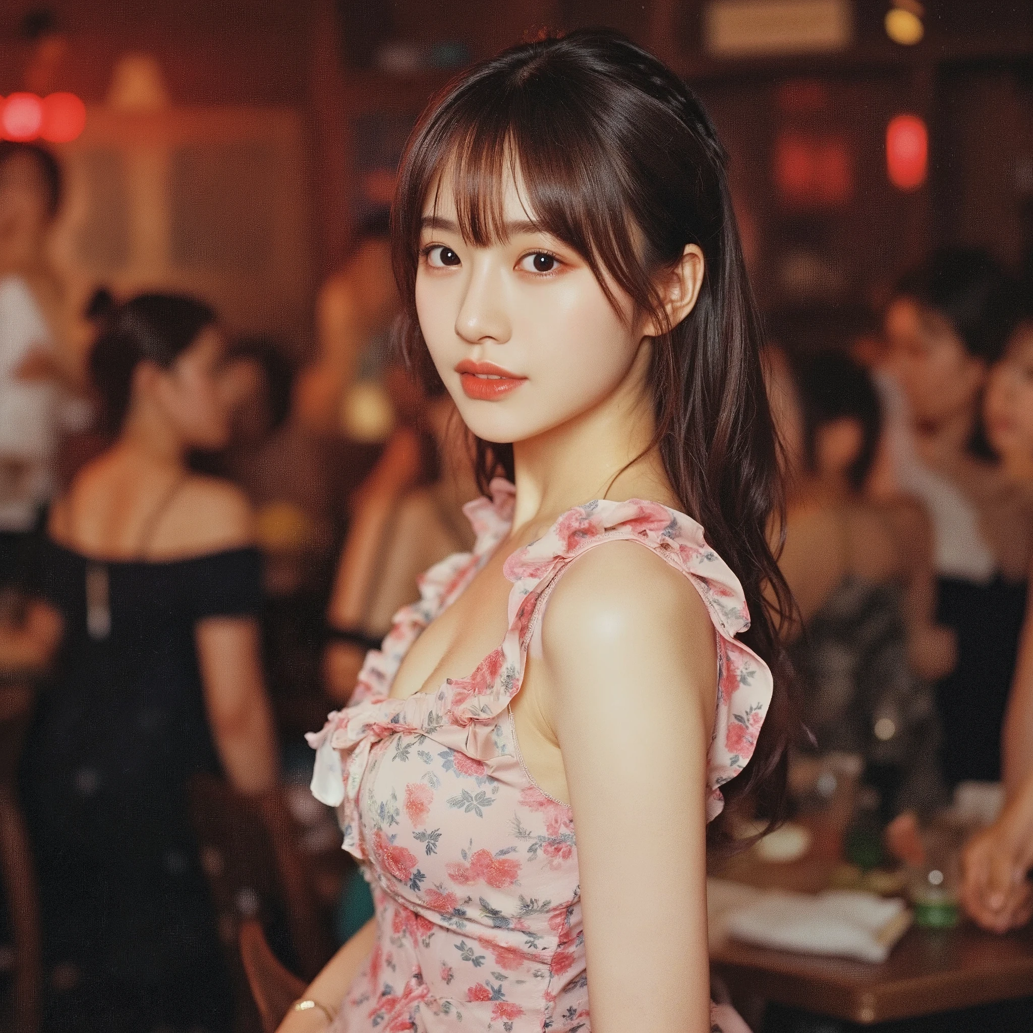 (highest resolution), (super clear focus photorealistic:1.5), ((Film photo of a top Japanese idol centered on a retro party:1.5)), Kodak Gold 200, (very slim and toned model body:1.3), dancing happily, Surrounding people are bokeh, Full body photo of a Japanese top idol wearing a unique party-themed dress outfit in the background {x}, She's a breathtakingly stunning and perfect model, ponytails completely naked, Sensual Smile, beautiful breasts, happy to watch viewers,
