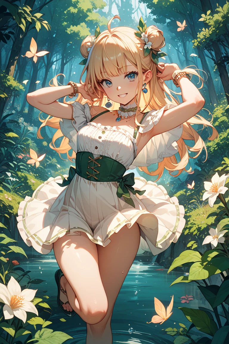 Suguhakirigaya, Suguhakirigaya, Long Hair,Blonde,Green Eyes,Pointy Ears,Short braids,happy smile, smile, Open your mouth,White straw hat,White sleeveless dress, bare arms,Green long skirt,Cute Sandals,Walking,Clear skies,whole bodyがイラストに入るように,
break outdoors, nature, forest,
break looking at viewer, whole body,
break (masterpiece:1.2), Highest quality, High resolution, unity 8k wallpaper, (shape:0.8), (Beautiful attention to detail:1.6), Highly detailed face, Perfect lighting, Extremely detailed CG, (Perfect hands, Perfect Anatomy),