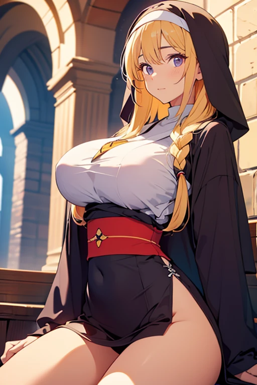 absurd, 8K, high resolution, ultra-detailed, beautiful, masterpiece, best quality, very pretty, in front of big ben, white assassin's robe, hood, detailed woman's face, very attractive, (very large breasts:1.3), blonde hair, a long braid, red eyes, nsfw, nipple,