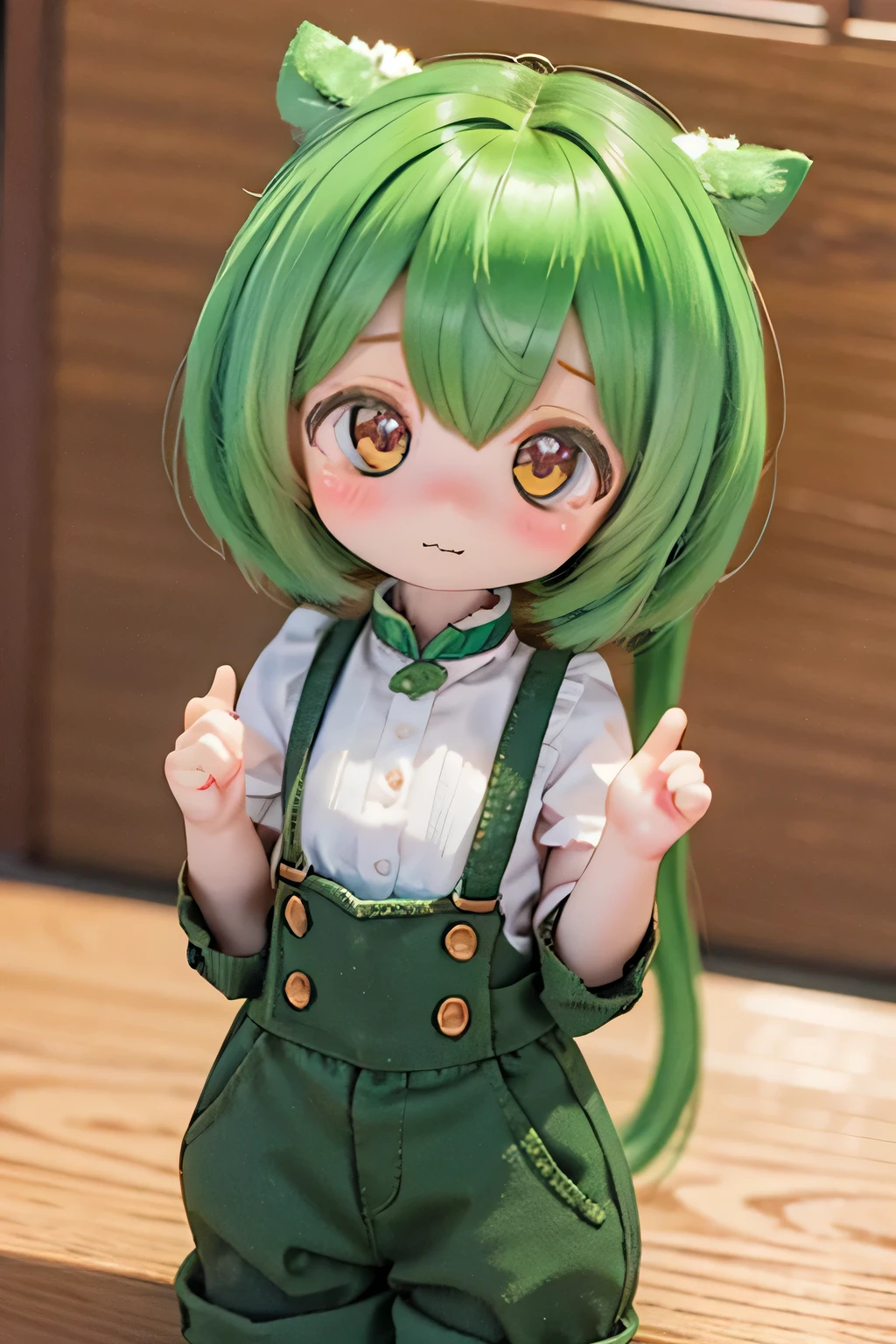 cute green-haired zundamon in playful pose, ( chibi), detailed character design , intricate details , surreal , photorealistic , 8k, masterpiece , is high resolution, bright color, Soft Sentence , natural light, 、 warm palette , amazing , fantasy taken with a Nikon Z7 II mirrorless camera , cute , cuteデザイン , , Heartwarming、Edamame、 green overalls、white blouse、Around Town Edamame on the head