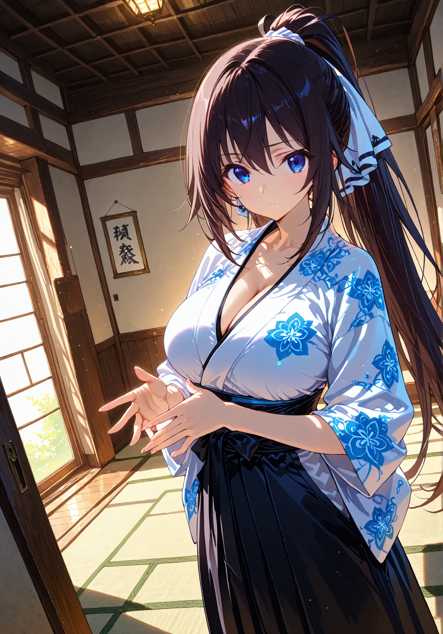 BREAK indoors,street,night,wet road,festival,fireforks, BREAK looking at viewer, BREAK (masterpiece:1.2), best quality, high resolution, unity 8k wallpaper, (illustration:0.8), (beautiful detailed eyes:1.6), extremely detailed face, perfect lighting, extremely detailed CG, (perfect hands, perfect anatomy),Miku Nakano, Miku Nakano Chick III, Long Hair, Bangs, Blue Eyes, Brown hair, Hair between the eyes,medium Breasts,japanese clothes,kimono,wet kimano, yukata,cleavege,neckline,black choker, naked shoulders,pantyhose full body,from below,bend over, on knees