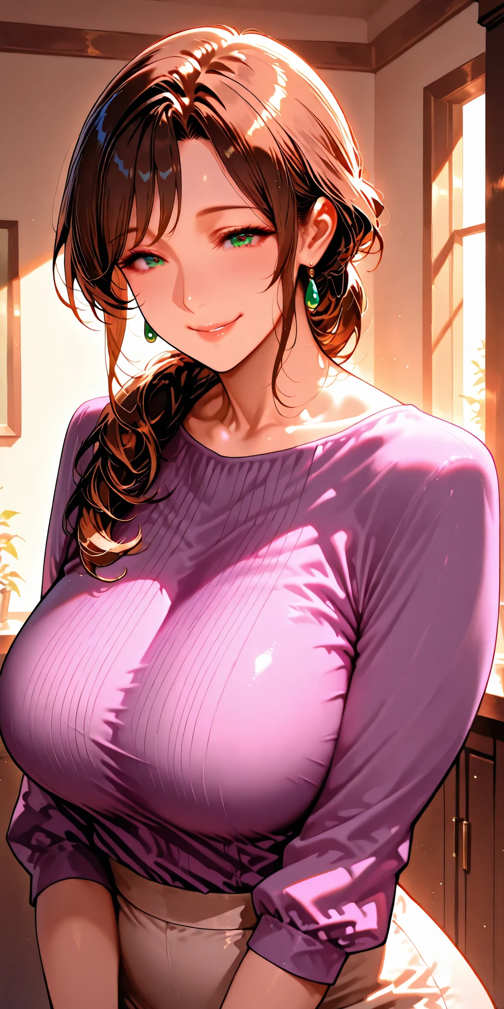1 panel view, masterpiece, Newest, vibrant, very beautiful, high contrast, Mature Woman, Mature Woman, Housewife, brown hair, green eyes, Bang Hair, tall, BIG BREASTS, purple long-sleeved shirt, white pencil skirt, tall body, parted lips, smile, Home, Highest Quality, semi-realistic,