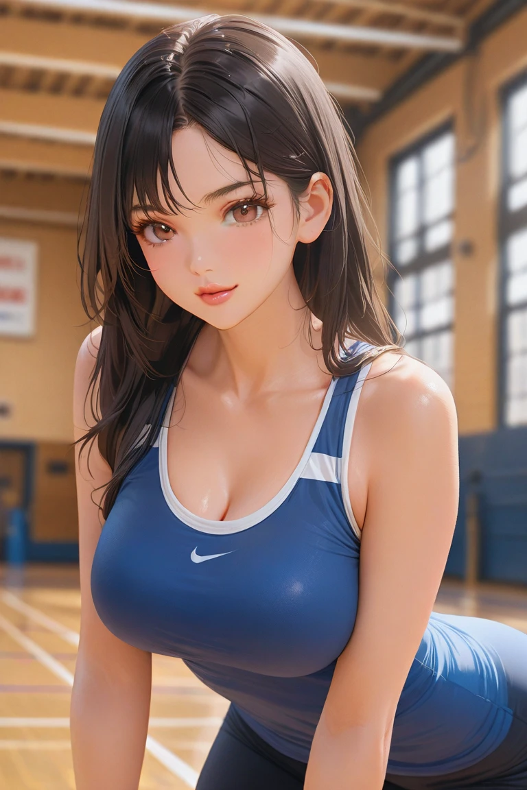 Very detailedな CG Unity 8k 壁紙, highest quality, Very detailed, masterpiece, Realistic, photo Realistic, Very detailed cute girl, Age 25, logic, 腹logic, Round eyes, Audience, blush, Lips parted, Half Body Shot , Sportswear , Gym, Hands on hips、smile、