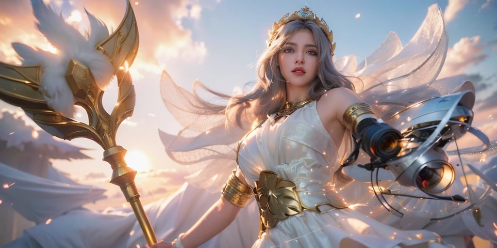 masterpiece, best quality, 1girl, (colorful),(finely detailed beautiful eyes and detailed face),cinematic lighting,bust shot,extremely detailed CG unity 8k wallpaper,white hair,solo,smile,intricate skirt,((flying petal)),(Flowery meadow) sky, cloudy_sky, building, moonlight, moon, night, (dark theme:1.3), light, fantasy