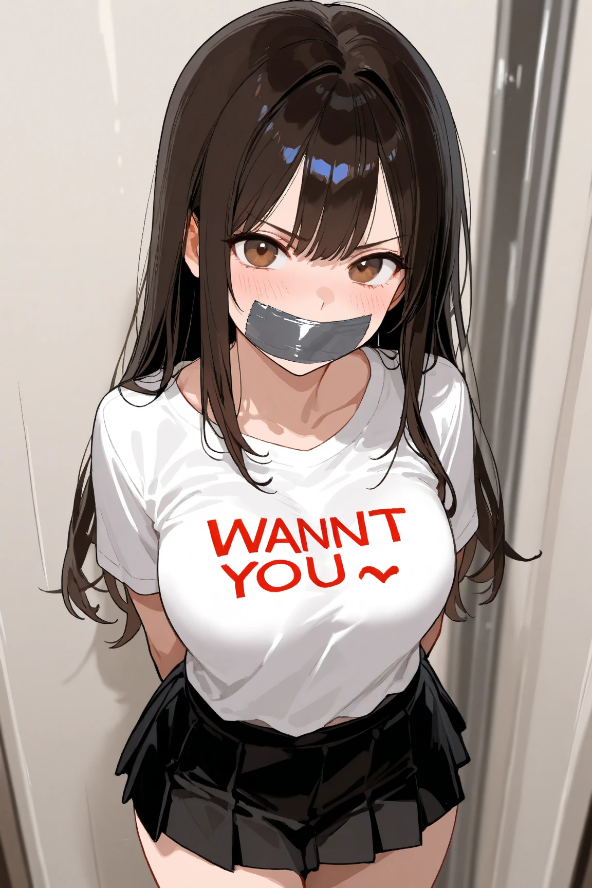 (absurdres, 8k, 4k, masterpiece, hyper extreme detailed:1.2), solo, 1girl, front view, portrait, best quality, expressive eyes, perfect ???????, half body, cowboy shot, perfect face, 1girl, portrait, solo, standing, Female, toned body, mature female, ??????????????, pale, hair covering one eye, dark brown hair, long hair, eyepatch, sarcastic, snarky, soldier, hazel eyes, delinquent, sarcastic, crazy eyes, messy hair, swept bangs, midriff, exposed collarbone, exposed left shoulder, standing up, annoyed, half body, graphic t-shirt, shorts, jacket, white shirt, graphic t-shirt, crazy face, arms behind back, dungeon background, bondage, bound, restrained, ???????, gagged,