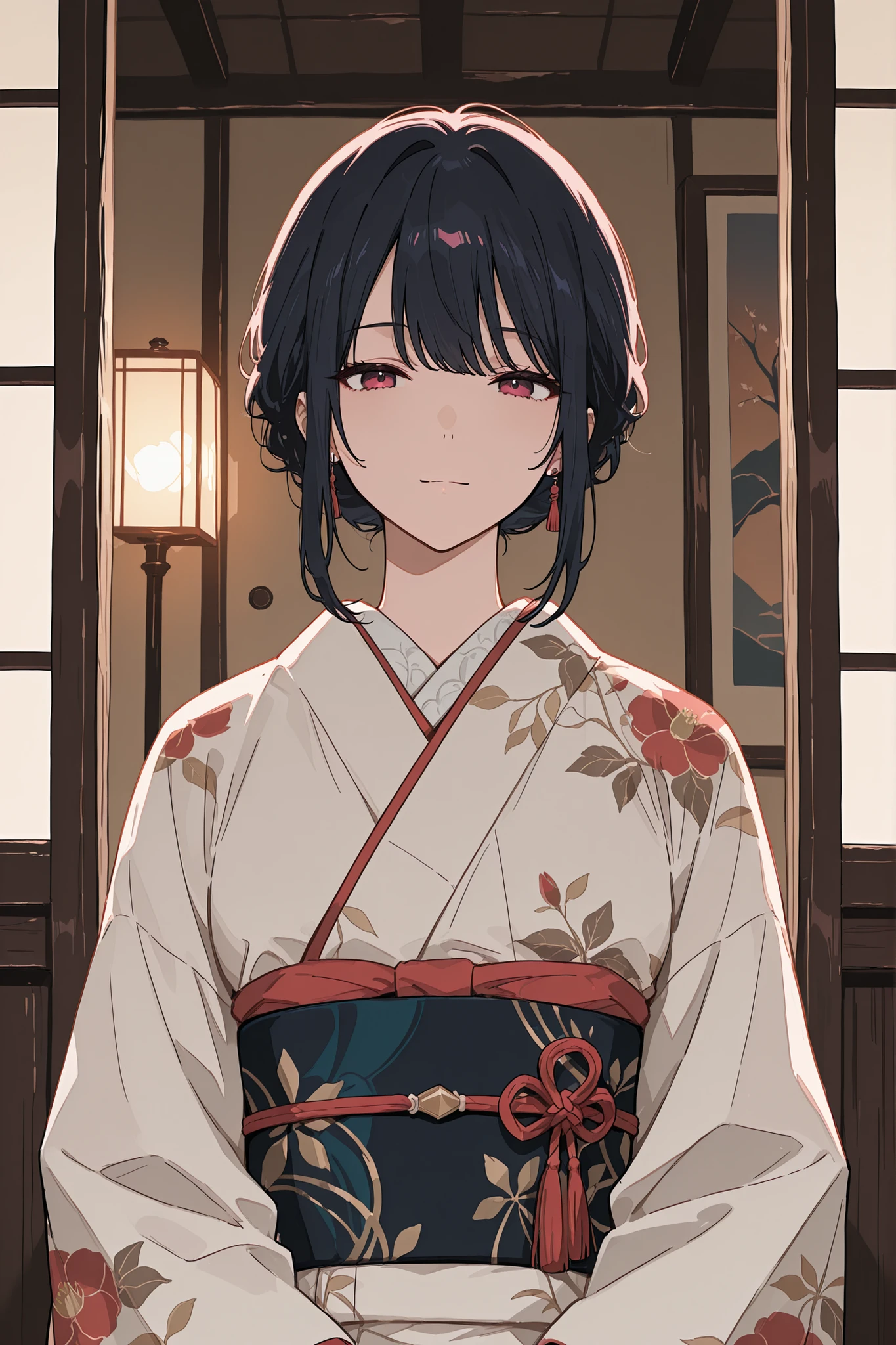 ((best quality)), ((masterpiece)), (detailed), A highly detailed, An elegant woman wearing a traditional kimono, with a calm and composed atmosphere. She has glossy black hair, styled neatly, and gives a subtle sidelong glance with a graceful expression. The scene is set in the evening, with soft warm lighting and a tranquil mood. Anime style, highly detailed, emphasizing beauty, elegance, and serenity.
