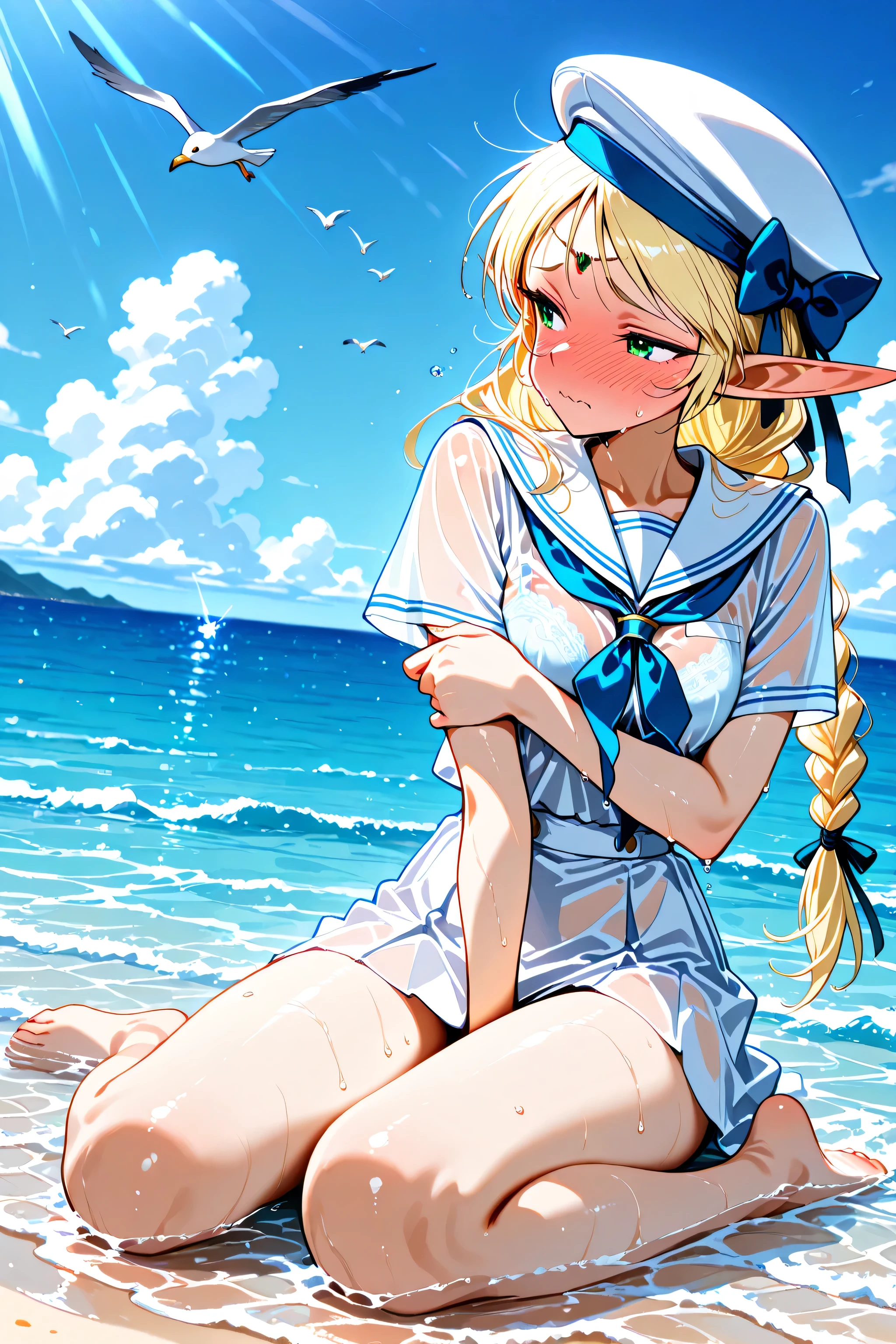 masterpiece, best quality, highres, incredibly absurdres, amazing quality, tanaka masayoshi artstyle,
1girl,solo ,three quarter view,
deedlit, pointy ears, elf, blonde hair, French braided ponytail, white serafuku,white sailor collar,white skirt,white sailor collar,blue neckerchief,white beret,hat bow,barefoot,white panties,wet clothes,(bra visible through clothes:1.3),white bra,
full-face blush,raised inner eyebrows,wavy mouth,averting eyes,facing to the side,
dynamic pose,sole,wading,sitting,wariza,covering breasts,covering privates,arm between legs,thighs together,close legs,
summer,day, outdoors,seawall,breakwater,beach,blue sky,seagull,ocean

