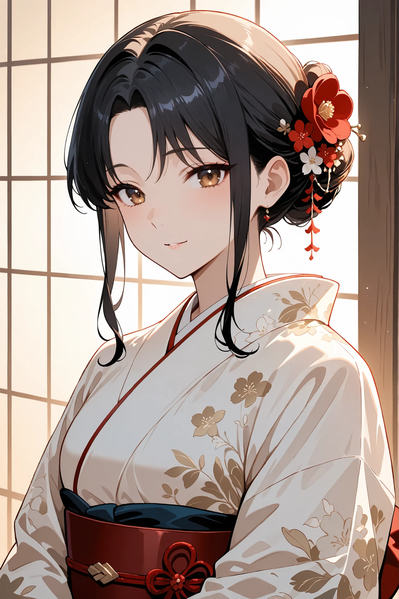 ((best quality)), ((masterpiece)), (detailed), A highly detailed, An elegant woman wearing a traditional kimono, with a calm and composed atmosphere. She has glossy black hair, styled neatly, and gives a subtle sidelong glance with a graceful expression. The scene is set in the evening, with soft warm lighting and a tranquil mood. Anime style, highly detailed, emphasizing beauty, elegance, and serenity.