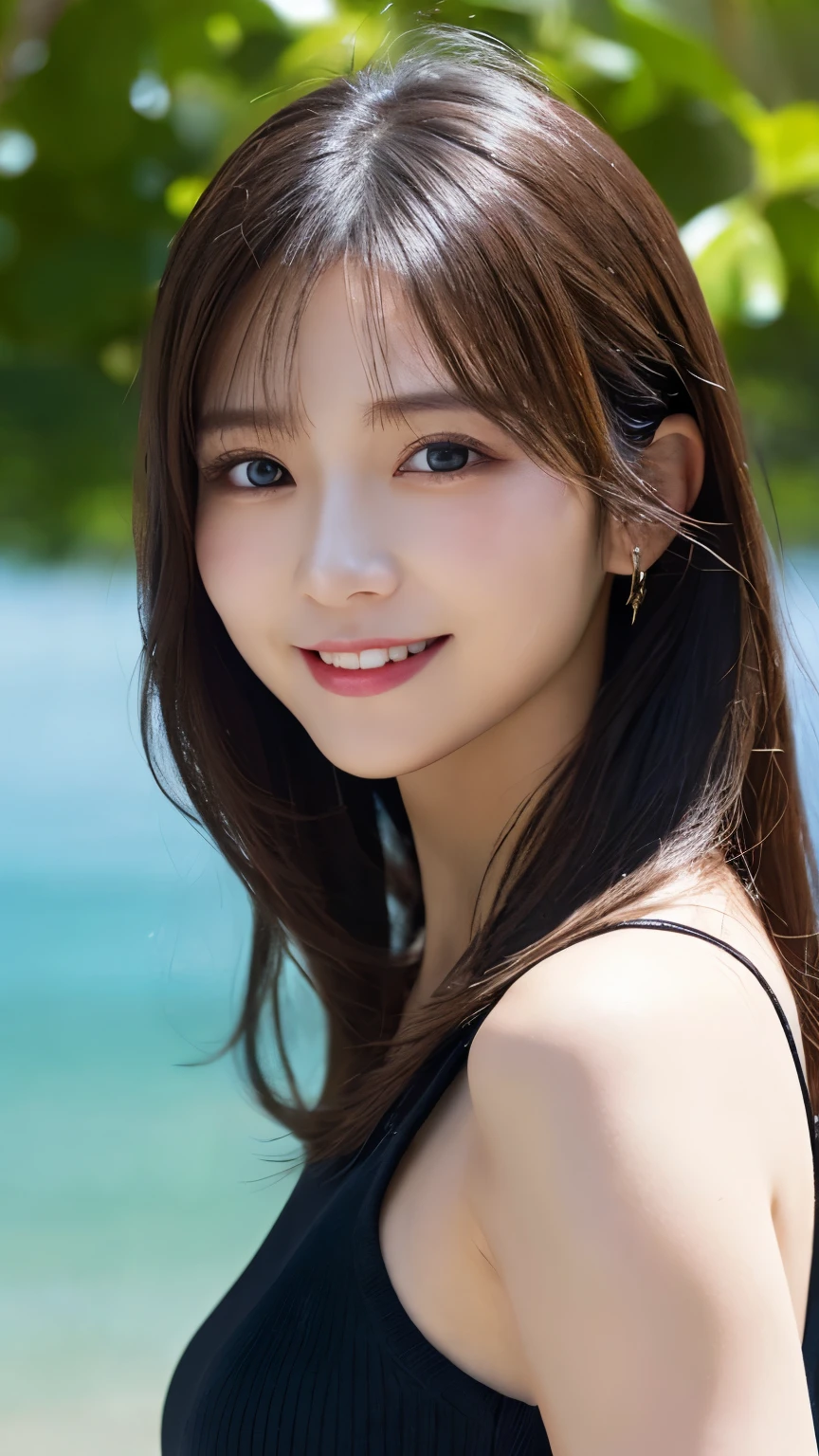 ((Realistic lighting、Highest quality、8K、Masterpiece:1.3))、Clear focus:1.2、 girl、Perfect Body Beauty:1.4、Slim Abs:1.1、whole body、((Dark brown hair、Large Breasts:1.3))、(Acceleration:1.4)、(nice、Dawn:1.1)、View of Waikiki Beach、Palm tree、Narrow Face、Beautiful Eyes、double eyelid、Fashion model posing、Floating Hair、T-Shirts、pendant、Cleavage、smile