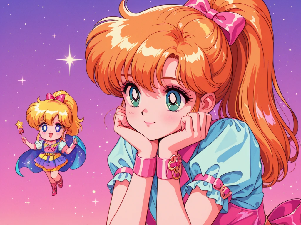A cute teenage girl is in a strange jewel inlaid outfit, she has a tiara with a magic symbol, her eyes are violet, she is in an action pose wielding a wand that has a heart motif, electricity dances around her and she hurls a lightning bolt from her wand