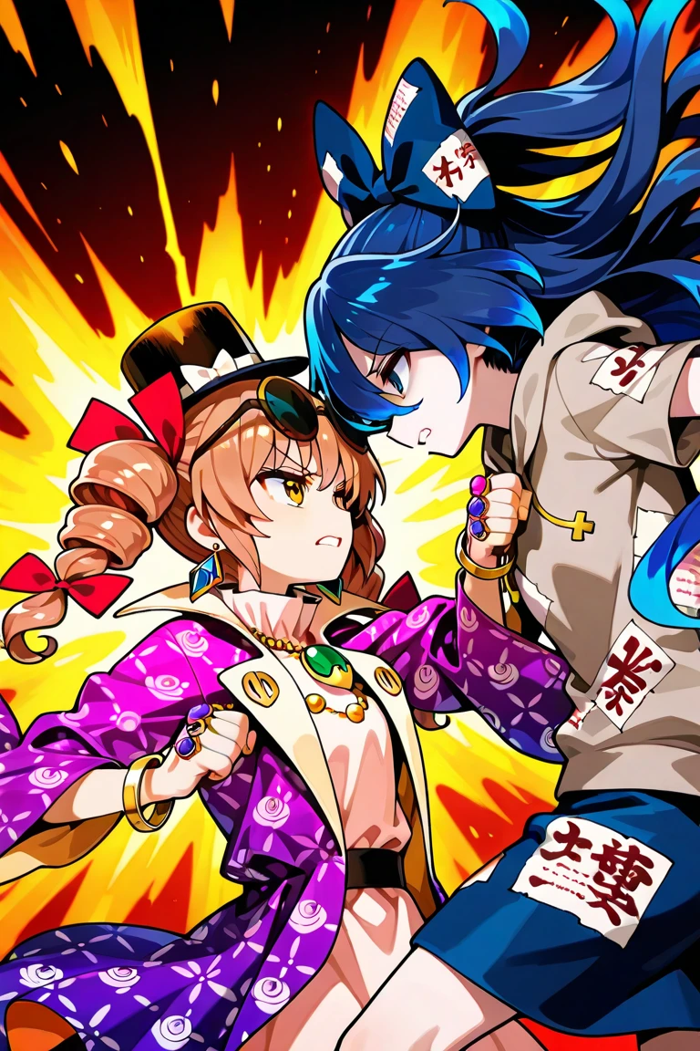 2girl,yorigami jo'on, BREAK yorigami shion,Girl and girl fighting,battle,battle atmosphere,