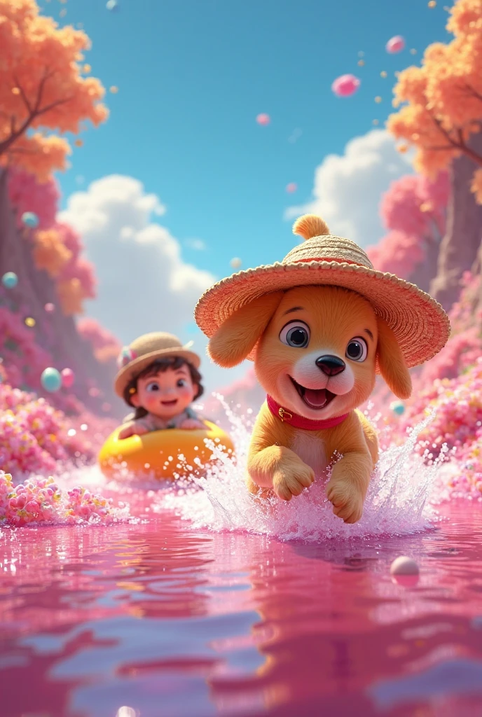 Straw Duck Racing Yellow dog in straw hat and little girl Linh on rubber duck boat ...