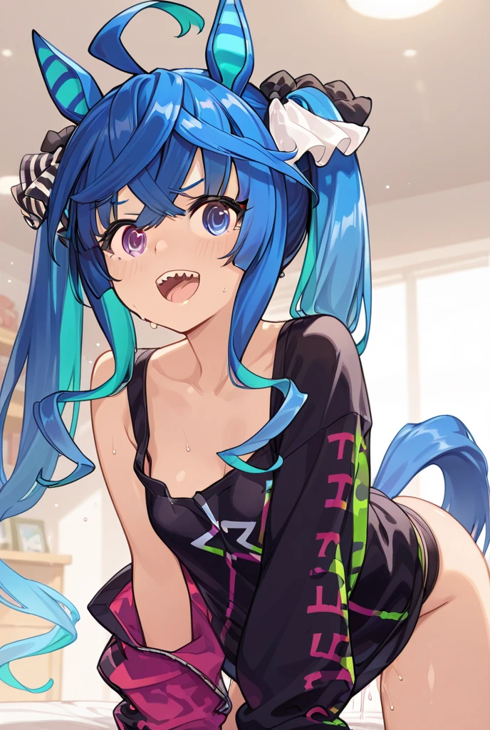 1girl, solo, Rainbow Dash, Rainbow Dash of My Little Pony, Rainbow Dash as a girl, length hair, Luxurious hair, Lush hair, big breast, Volumetric breasts, Lush breasts, large ass, aqua lingerie, grin, lying down