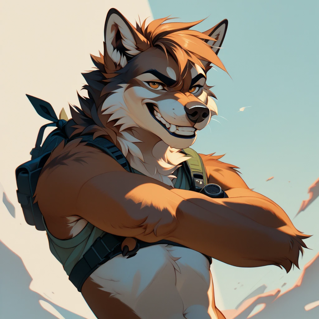 ((Best quality, masterpiece, detailed , detailed eyes, detailed hands, perfect lighting, perfect shading.)), by Buta99, by SpiritD, 1male, Wolf, brown furs, tight body, dark brown eyes, skinny body, young body, blue hoodie crop top, black jogger, black boots, smile, show sharp teeth, on the lake