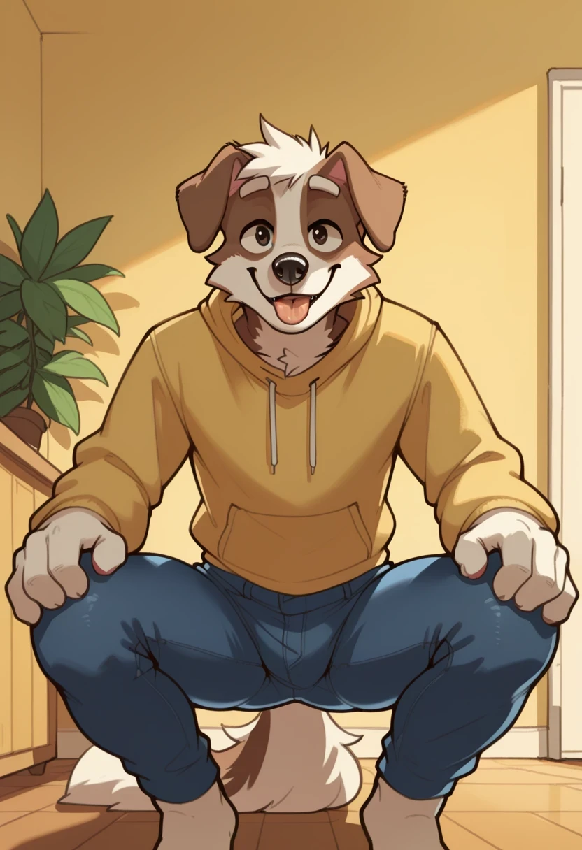 best quality, amazing quality, very aesthetic, absurd, NEW , Michi_(Oc), by gr3yyy , room, Plants, REST, seductive look, black eyes
Furry dog, 1 , Alone , male, male approach, furry, orejas de animal, dog ears, Male Dog , yellow, tight jeans, while squatting, hands on knees, Seductive scene, fluffy tail, expresión coqueta, smiling, brown eyes, squatting, open legs, sticking out the tongue, salivating