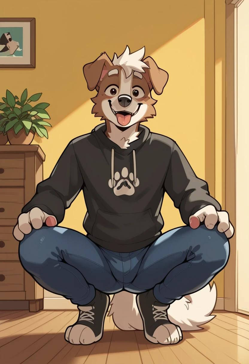 best quality, amazing quality, very aesthetic, absurd, NEW , Michi_(Oc), by gr3yyy , room, Plants, REST, seductive look, black eyes
Furry dog, 1 , Alone , male, male approach, furry, orejas de animal, dog ears, Male Dog , yellow, tight jeans, while squatting, hands on knees, Seductive scene, fluffy tail, expresión coqueta, smiling, brown eyes, squatting, open legs, sticking out the tongue, salivating
