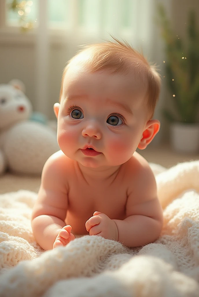 Super realistic baby in crib big eyes hair with curls pink cheeks soft skin tender look --auto --s2