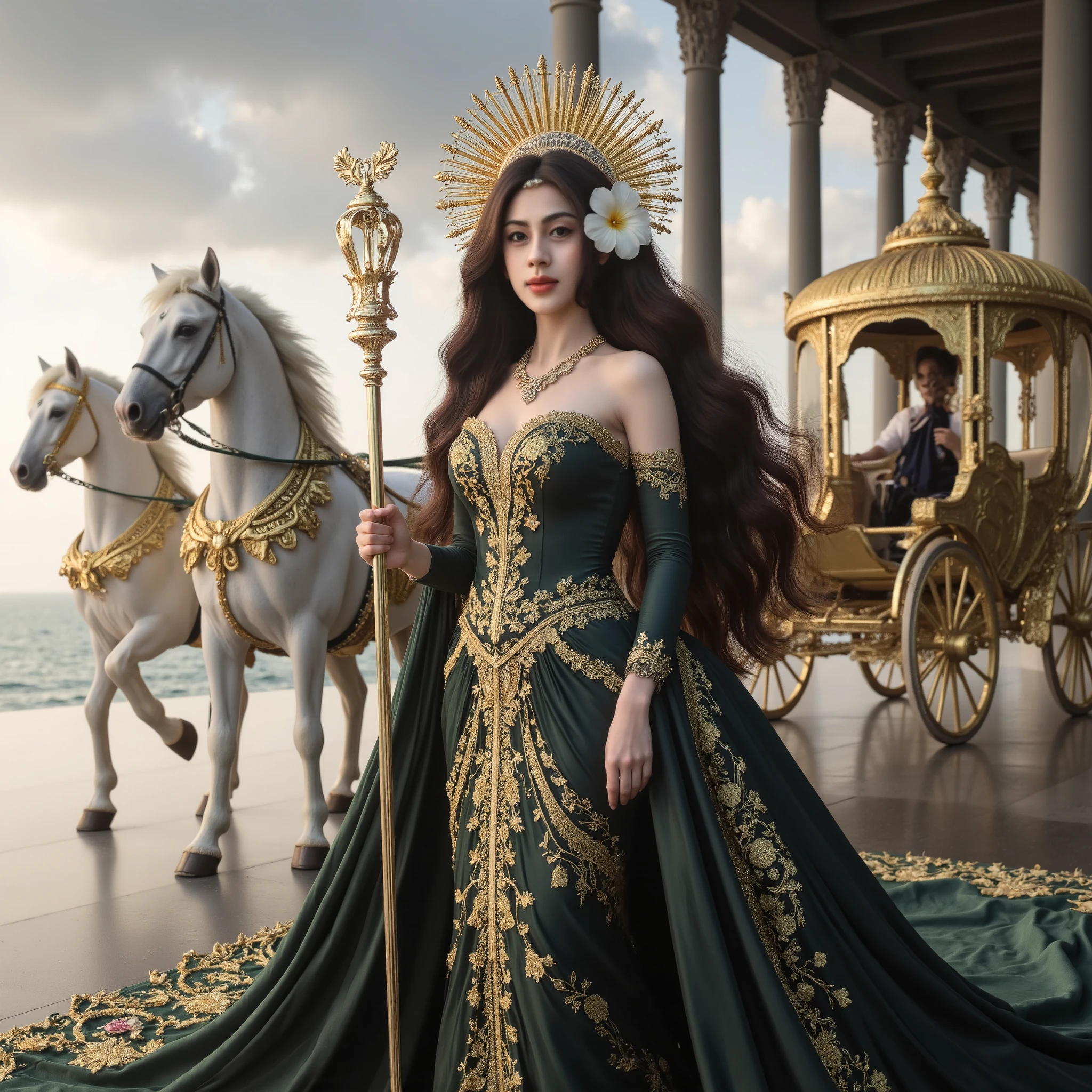 Potrait of a woman resembling a goddess or queen standing on a marble-paved terrace with a view of the ocean. She is the central focus, facing forward with a composed and serious expression.
Her attire is elaborate and regal. She wears a long, flowing dress in a deep, dark green hue, embellished with intricate golden embroidery that forms ornate patterns across the bodice, sleeves, and skirt. The dress has an off-the-shoulder neckline, revealing her décolletage and a delicate gold necklace. Her long, dark brown hair cascades over her shoulders and down her back. A single, large white flower, possibly a camellia or gardenia, is tucked into her hair. On her head rests a stunning golden halo-like crown with a sunburst design. In her right hand, she holds a tall, decorative scepter topped with an ornate golden finial.
Behind her, a golden chariot pulled by two pristine white horses with golden harnesses stands on the terrace. A person, partially obscured, is visible sitting in the chariot. The background features classical architecture with towering white columns supporting a roof, creating the impression of a grand temple or palace. The setting sun casts a warm, golden light across the scene, and the ocean can be seen in the distance, with gentle waves lapping the shore. The overall style is reminiscent of fantasy art or a historical drama.