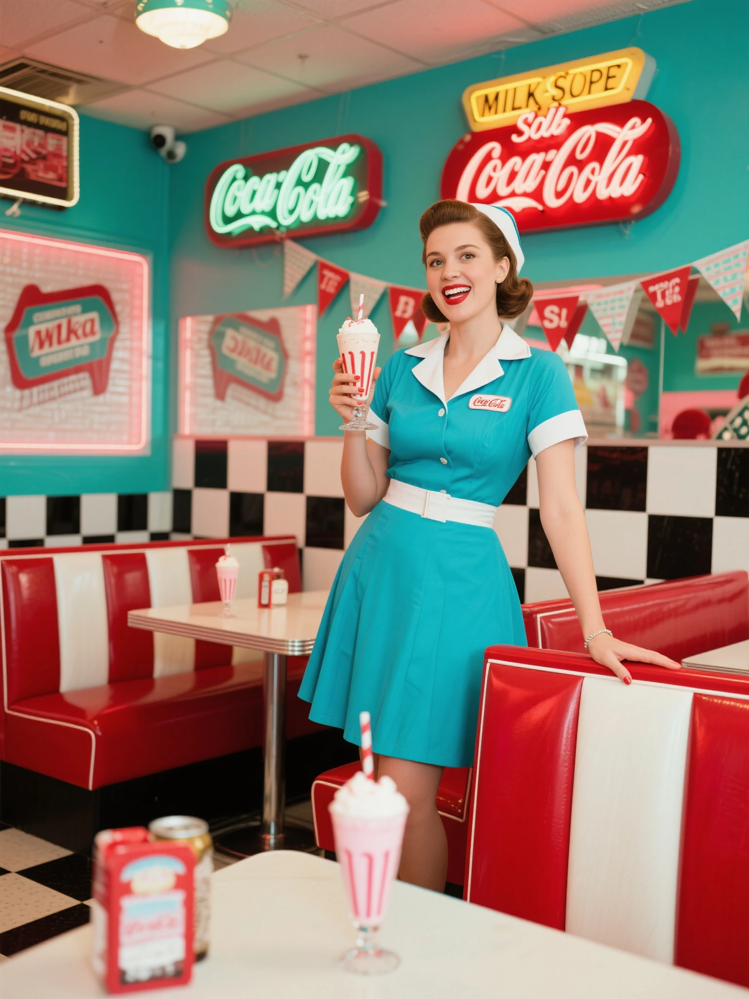 waitress, pinup, (mini skirt:1.2), (((bents over))), smiling, art style, kodak portra 400, cinematic, technicolor