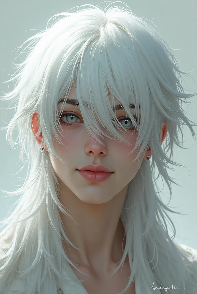 A white long haired male character with thick bangs covering a handsome ...
