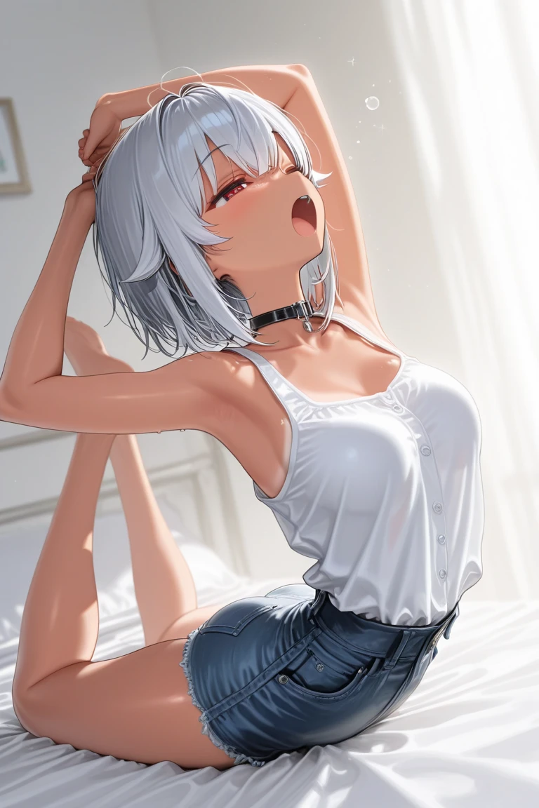 1girl, 2d, anime style, skinny body, Anime girl wearing mini summer dress, kneels, light grey short hair, highly detailed, 8k, character sheet, white background, best quality, from behind, open pussy,1boy, cum, open pussy