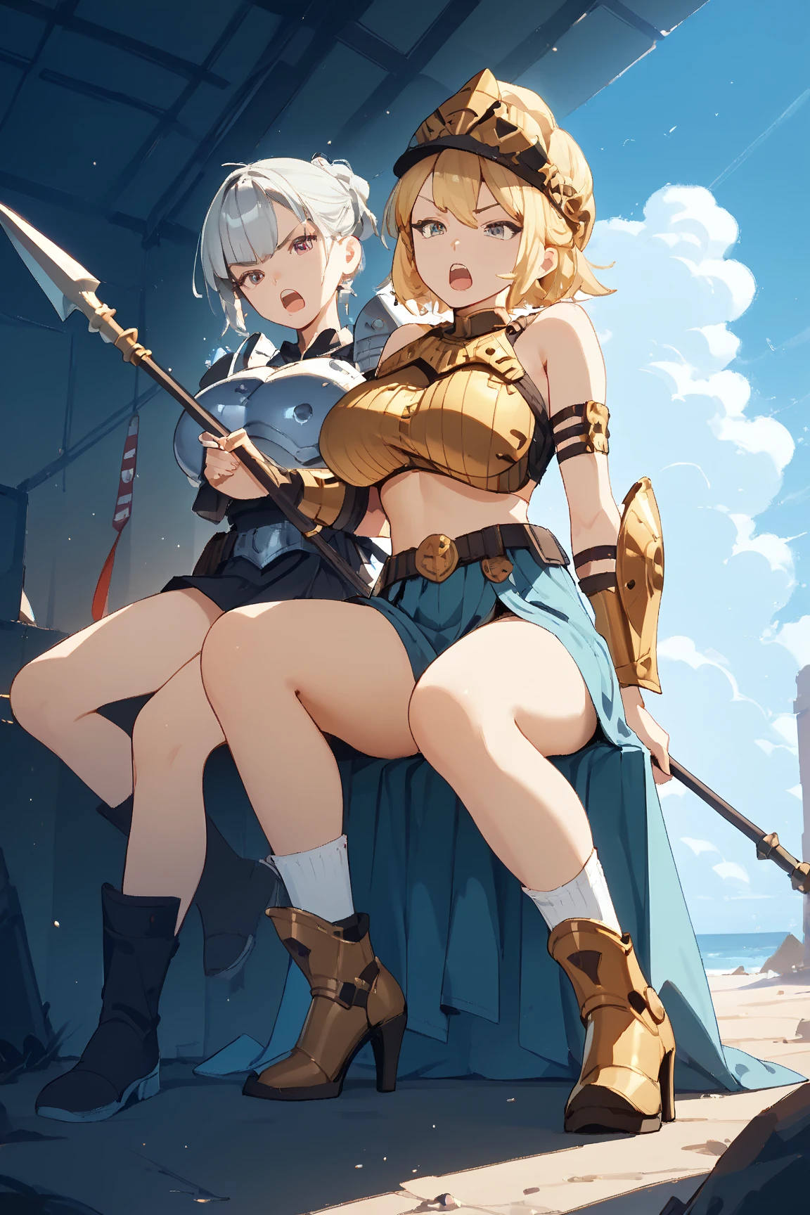 masterpiece, mountainous horizon , big breasts, (((white bikini armor))), nsfw, , , black hair blue eye, ((very short back hair)), blunt bangs, bowl cut hair, cute eyes looking at the viewer ((from front)), open mouth, orgasm, ((abs)) smile, orgasm, scared, Are standing, (fang),((glaring)), (arms up behind), angry, From the side, ((group sex)), ((hetero)),