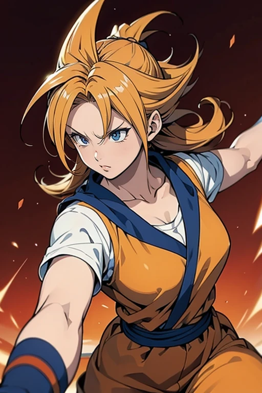 ((best quality)), ((artwork)), (detailded), 1 Saiyan girl in black Dragon Ball Z style clothing transforming into a super Saiyan 