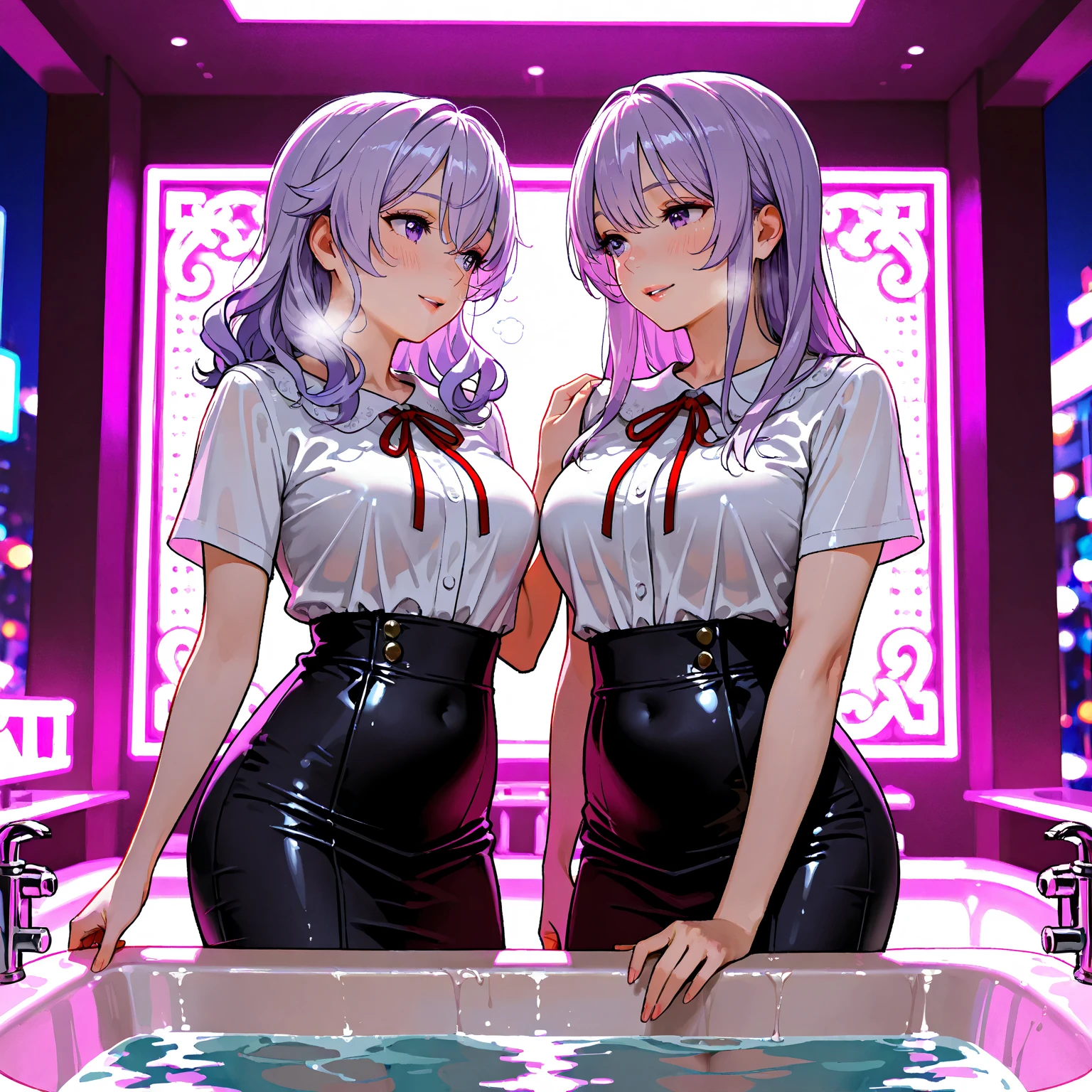 Pink hair, Asian, short hair ,small breasts, earrings, drunk, big ass, short, talk with friend in classroom , eating icecream , near window, sunshine, beautiful location , hot weather, temperature over 50 degrees 