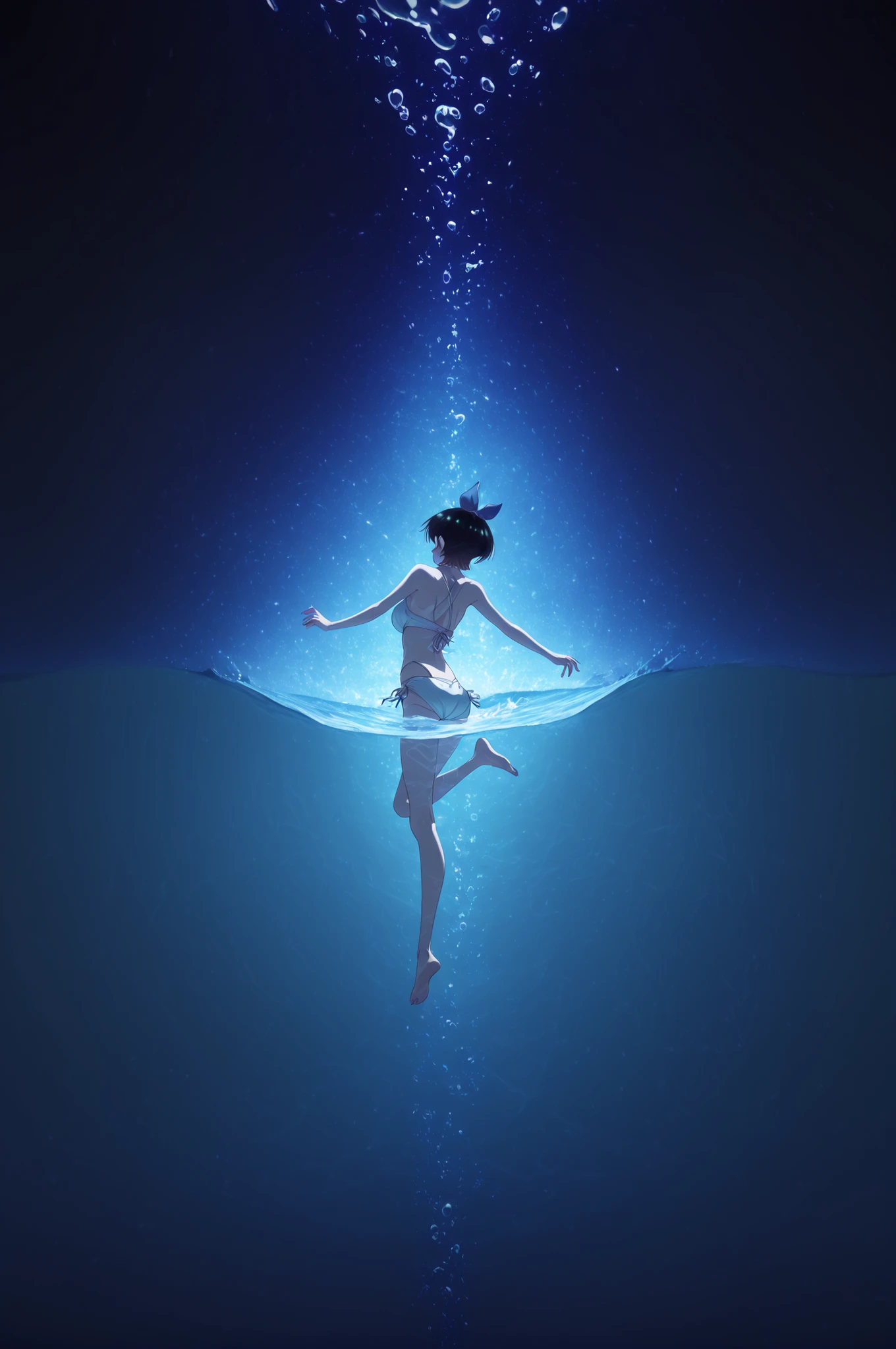 ruka sarashina, sarashina ruka, ,Black shine,Late Night,one woman,Single,In the waterで泳ぐ,High Leg Bikinis, advanced ,real,,high contrast,In the water,Air bubbles,light,dark fantasy,Realistic,4K,UHD,ultimate details,professional,vivid,Bokeh