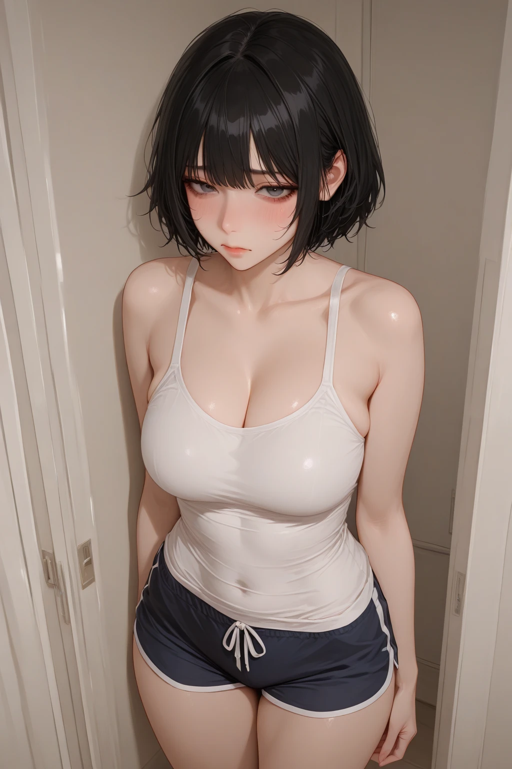 cleavage, eyes, (green color hair:1.2),By bang，short hair, 
BREAK (sweater dress, virgin killer sweater, clothing cutout, turtleneck, sleeveless, bare arms:1.2),
BREAK captivating posture，inside in room，peeking out upper body，Be red in the face，irritated expresion，Shut your mouth，(8K:1.1),((perfect curve hip, ass)), emphasize ass, ass highlighted
BREAK (masterpiece:1.2), best quality, high resolution, unity 8k wallpaper,NSFW ,(illustration:0.8), (beautiful detailed eyes:1.6), extremely detailed face, perfect lighting, extremely detailed CG, (perfect hands, perfect anatomy),
