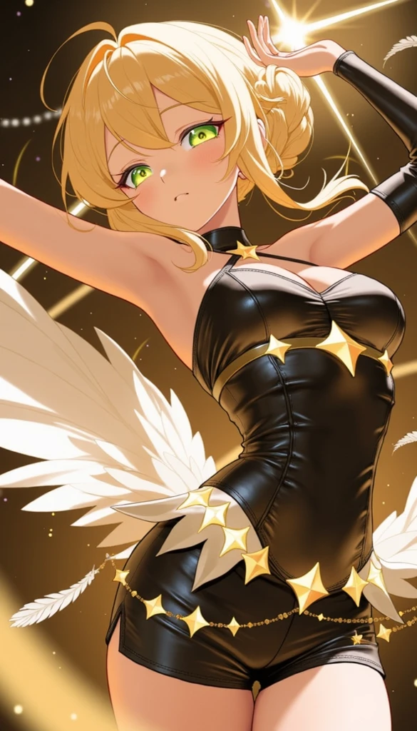 Princess of lightness,((short wavy Creamy Golden Blonde hair)),(Creamy Blonde hair),(short hair),(wavy hair),(golden eyes),busty,Glamour,Gorgeous,Jewelry,monochromes,Gothic goddess,light Fantasy,light Venus,erotic posing,Dynamic Posing,Dramatic,Cinematic,Detailed background,Gothic background,light fantastic view,Best Quality,masutepiece,8K,The ultimate detailed light background, Top image quality、RAW photography、超A high resolution、show legs,cropped shoulders,close-up all over the body,Be red in the face,overall look is very erotic。(Hand optimization),(Details are strengthened),(High Picture Quality) An 18-year-old female、Shot for one person only、model shoot、medium breasts、Wearing a black skirt、Beautiful Eyes of Details、Very slender eyes、Beautiful eyelashes、beautiful double eyelid、Very slim physique, Shy, with blush cheeks