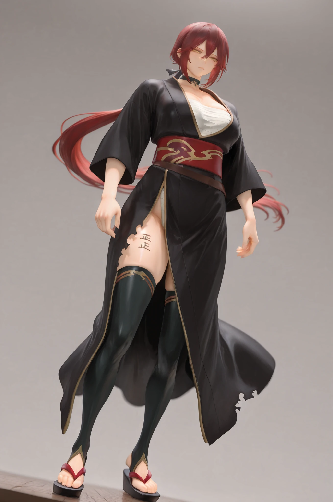 solo,masterpiece, top quality,minimal background、 people who write in detail、 accurate human body、Knowledgeable person、( accurate 5 fingers), female high school student female, thighsが太い,curvy body、 thighs、medium breasts,tsubaki, red hair, yellow eyes, low ponytail,black kimono, collarbone, red sash, wide sleeves, black thighhighs,ulrich,tally,sarashi,thigh writing,choker,torn clotches,figure style,photorealistic,photo \(medium\),Angle from below,fullbody,sandals,zettai ryouiki