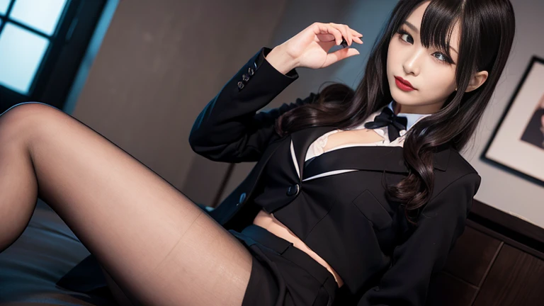 8K, Best Quality, extra high resolution, Masterpiece, Realistic, Photorealistic, High contrast, Photon mapping, Realistic, ultra detail, Low angle: 1.3, 1 girl, 独奏: 1.5, full - body, Night Concert Venue Stage, KPOP Star, kpop idol, KPOP Outfit, Sexy, Fancy Makeup, Blazer: 1.2, short skirt: 1.2, blouse, Raw legs, highheels, 100 degree open legs: 1.5, М legs, open crotch: 1.5, Long brown hair, See-Through Wet White Panties: 1.5, panties visible from under the skirt: 1.3, ah high, height is 170 cm, long legs: 1.2, small breasts, beatiful face: 1.2, detailed female pubic shape is clearly visible: 1.3, pubic hair: 1.3, No panties:1.3、Textured skin