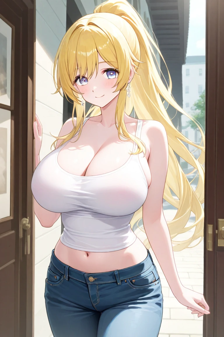 1girl,fair skin,blonde hair,medium hair,parted bangs,white shirt,cleavage,big breasts,micro shorts,wide hips, hoop golden earrings,makeup,smirk,looking at viewer,masterpiece,best quality,outdoors,from side,loving aura,half-closed eyes,blush,{{%Sincos%}}

