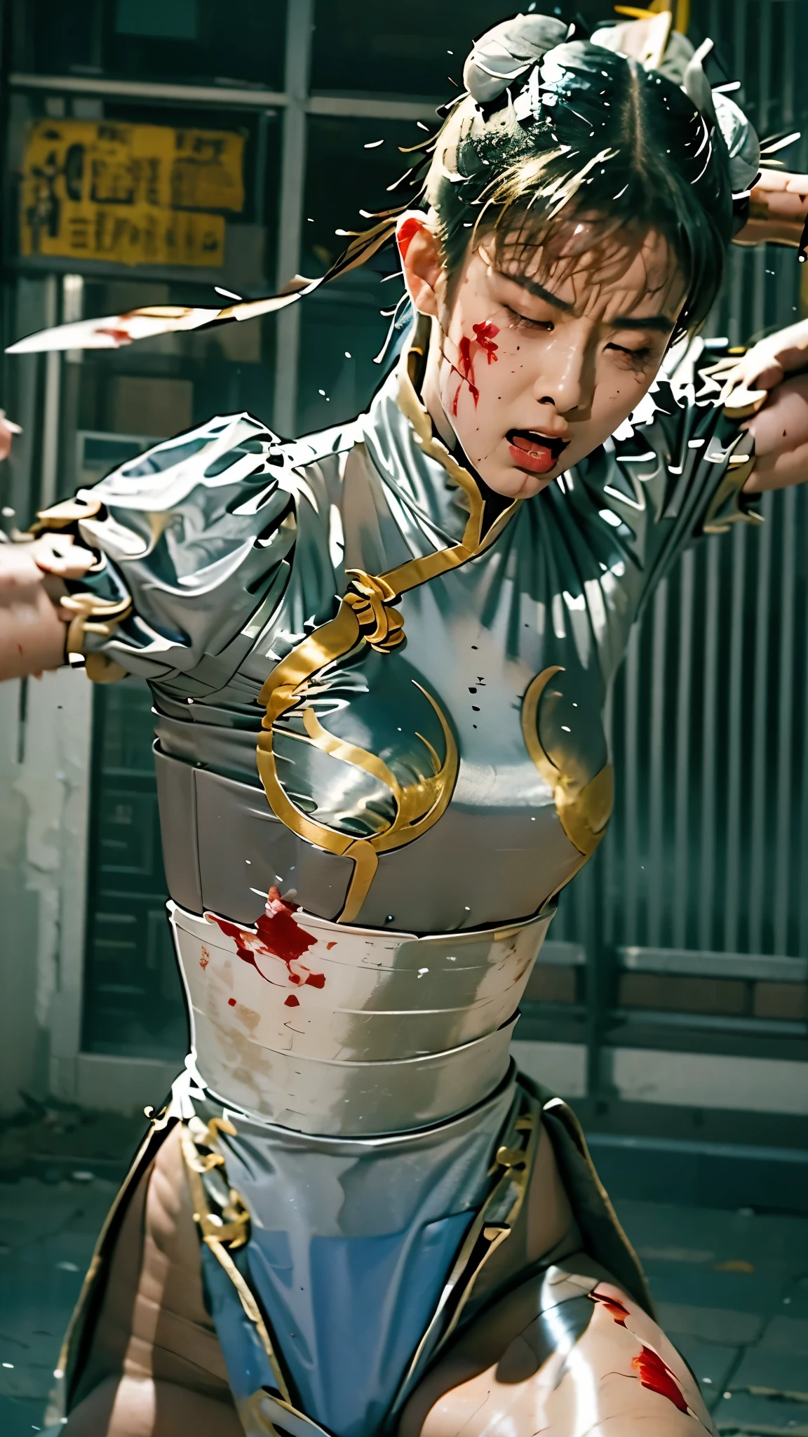 is cool, Decisive Pose, Chun Li(silver costume), struggling, bleeding, bruised, bleeding from mouth, Manna's expression, sweat, hyper real, photo real, Fierce Battle, Masterpiece, Realistic, fighting, Breathing Hard, tattered