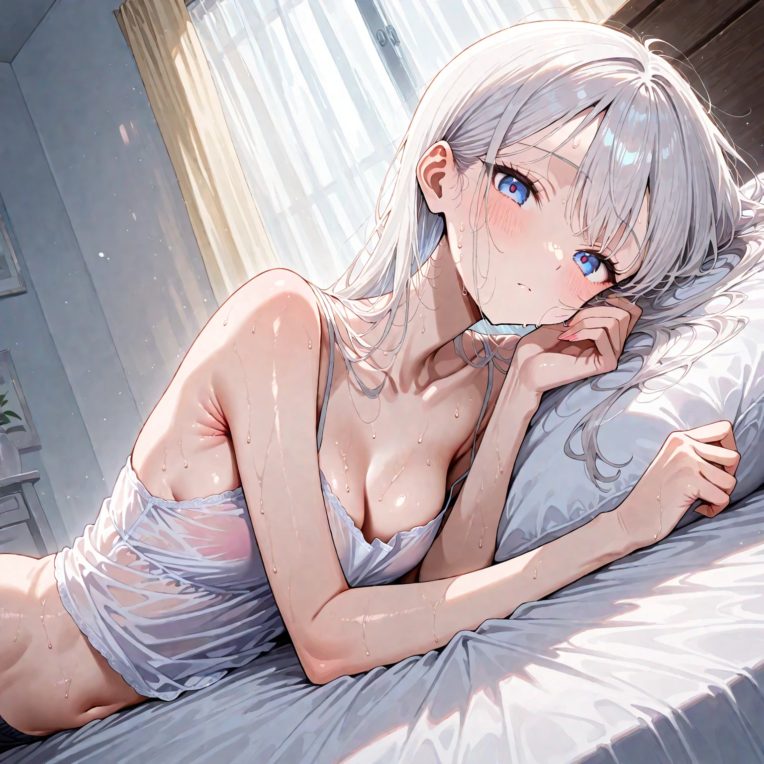 White haired athletic girl. Medium chest. Panties, bra, in bed. Laying done, cuddled up against pillow
