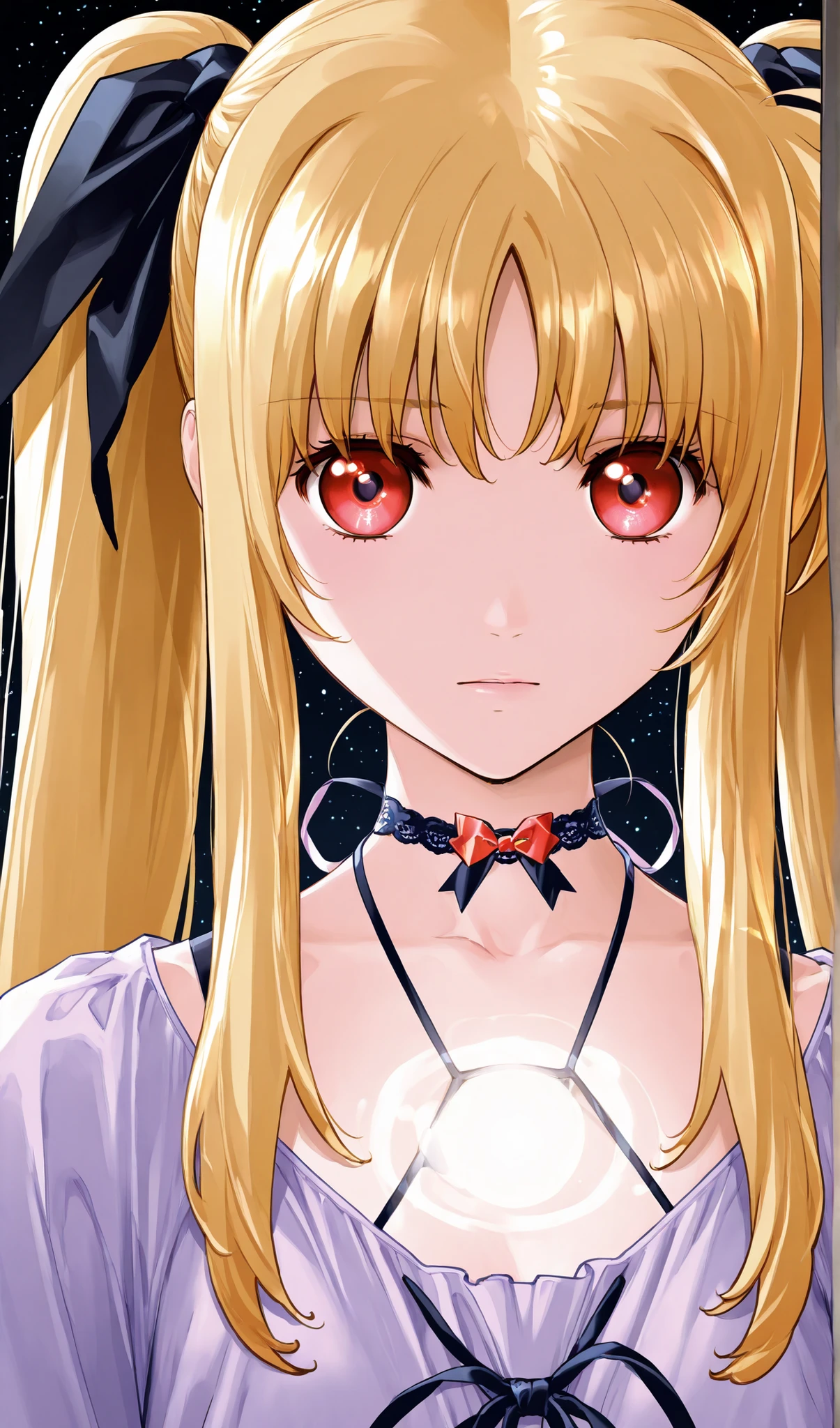 (( 1 girl)),  testarossa, red eyes, blonde hair, twintails, twin ribbons, black_hair_ribbons 、Toyoaki Yoshi 、Black background,colorful, loose clothes, "Intricate Iris Details", "Captivating Eye Reflections",Beautiful eyes, vibrant, Shining Contours ,neon,green、official art、viewer, masterpiece, Very Beautiful、starry sky、 sidemap、Light powder、neonヘア、